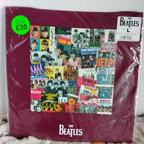NEW: The Beatles #1 Single Covers Collage T Shirt Size Large Apple. Maroon. - Picture 1 of 7